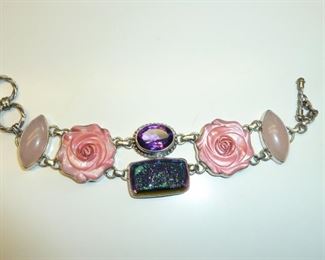 What a beauty!  Carved pink mother-ofpearl roses, rose quartz, amethyst, and Druzy.  1 1/4" wide.  Signed AF, 925.  $235