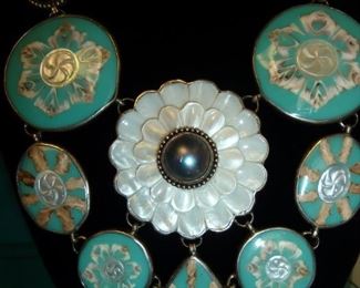 Genuine Pearls, carved mother-of-pearl, and inlaid shell set in sterling silver.  HUGE statement necklace. signed AF and 925.  $375