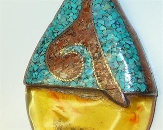 Big 2 3/4" Turquoise and Coral inlay reversible (lapis design on other side) pendant.  $195