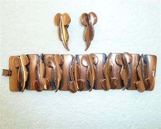 Signed Renoir copper big bracelet and earring set.  $88