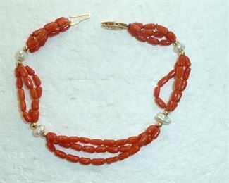 14k gold, coral and pearl bracelet.  $88