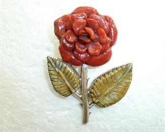 HUGE carved Coral flower pin signed G and STERLING.   This awesome piece is 3" tall, and weighs almost 40 grams.  $345