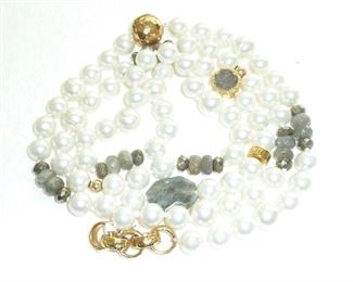 Genuine Pearl, faceted Labradorite, moss agate and Druzy, with 18k gold plated accents.  The hand knotted pearls are from 8-12 mm, and overall length is 44".  $235
