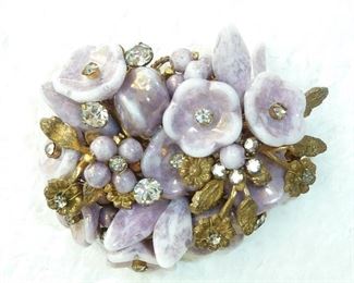 Signed DeMario N.Y.  Big 2" wide lavender glass, brass, and clear crystal brooch in excellent condition.  $135