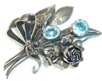 Vintage large 3.25" sterling silver and aquamarine glass DESIGNER SIGNED HOBE  flower brooch.  $115