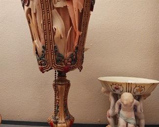 Another antique lamp and porcelain figurine