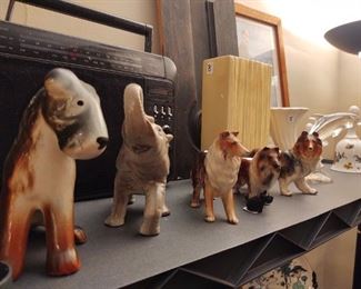 Lots of dog figurines, McCoy pottery, Hull pottery, Roseville pottery