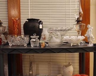 Fenton art glass, imperial milk glass, more etched-glass, and pottery