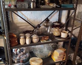 Sewing notions, brass lunch, various cups and mugs