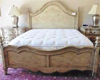 50% OFF.  Italian provincial? Distressed wood with painted flora accent....king bed frame 82" wide, 88" long. $350.  Kingsdown king mattress set-older but excellent. 78"x80" Eastern King- $350.