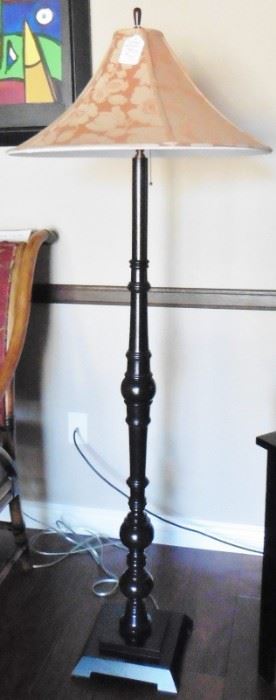 Asian motif wood base floor lamp with pretty shade. $125