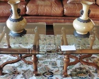 50% OFF tables. Two glass top tables used as coffee table-looks great! $195. Decorative ceramic vases-sold. Tables are available
