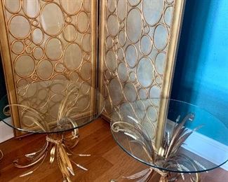 pair of glass top/wheat base end tables