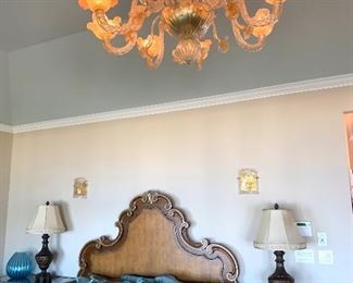 Murano glass chandelier, king size bed, nightstands