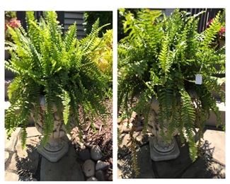 pair of matching lion-head cement planters