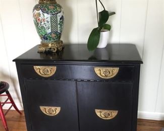 Chest/Buffet Solid Wood w/Brass Hardware from Northern Furniture Co. of Sheboygan Wis., Vintage c.1920-1940  (Lots of Storage)   38"W x 19"D x 33"H    $180          
[Lamp and Orchid NOT included in sale]