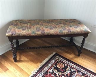 Vintage Upholstered Bench with Barley Twist Wood Legs  43"W x 18"D x 20.5"H    $120