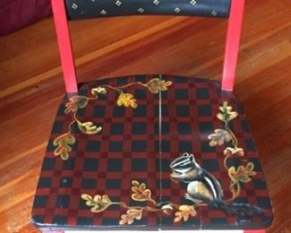 Hand Painted Chair w/Whimsical Chipmunk $15        (seat split but easy to fix)