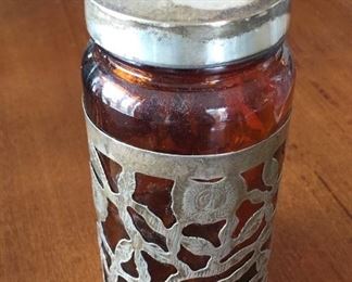 Cute Glass Jar with Mexico Silver Hand Etched Encasement w/ makers mark (~5" tall)  $60