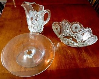 Vintage Cut Glass Water Pitcher $30,                      American Brilliant 1920s Cut Glass Bowl $22,             Glass Pedestal Cake Plate $10