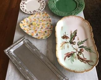 Beautiful Serving Pieces:    Winter Birds $10, Leaf/Acorn $5,          Triangle Cheese  $7,                             Pewter Rectangle $20 ,   Pewter Shell $20 ,            
Vintage Bordallo Pinheiro Oak leaf and Acorn with Twigs Platter in Green Glaze $20 ,                              
Vintage Acorn China Platter SOLD 