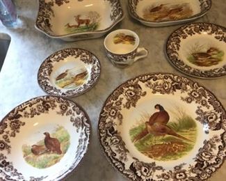 Spode Woodland Pattern Dinnerware - 49 pieces including: 9 dinner plates, 8 salad plates, 7 bowls, 5 bread plates, 8 sets cup & saucer, large square serving bowl, large oval serving bowl, butter dish,                     
Plus Thanksgiving Turkey Pitcher New in Box (see next picture)              All Made in England                                   
NEW PRICE  $700 for set