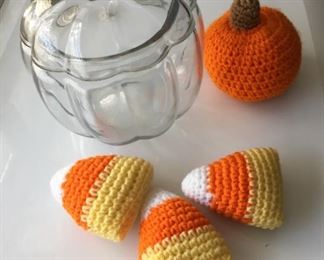 Glass Pumpkin w/ Knit Pumpkin & Candy   $7