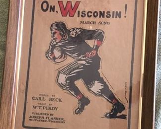 ON WISCONSIN!  March Song Sheet Music - Vintage and Framed 12.5"W x 15.5"H   $15