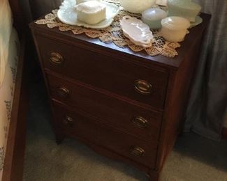 Vintage three drawer chest, great for a side or accent piece.  Wonderful milk glass collection.