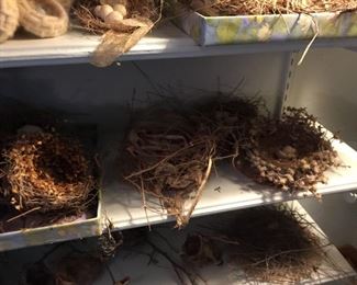 Lots more decorative bird nests with and without decorative eggs.