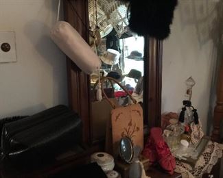 Vintage purses, shoes, perfume bottles, cherry jewelry chest, gentleman's leather bathroom travel bag, ceramics, feather wrap