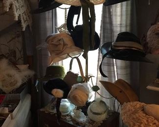 Vintage Hats, purses and milk glass containers