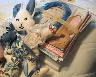 Hand made rabbit, Fabrics read to be made into a quilt, Peter Rabbit pattern