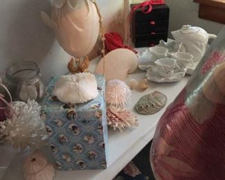 Shells, coral, tea set, hand made egg sculptures
