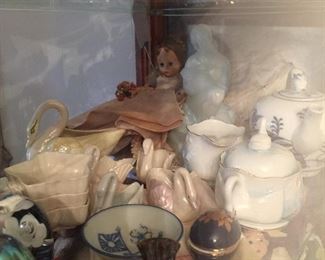 Belleek, and French porcelains, Vintage Madam Alexander Bride Doll, Miessen Tea Pot, beautiful swan cream and sugar set