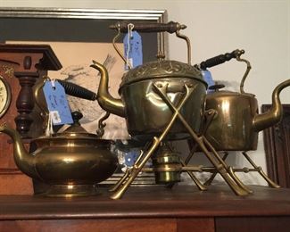 More brass tea pots with stands, wood handles, brass and wood finials