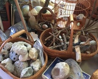 A close look at the fossils, twig crosses, bird cage with feeders