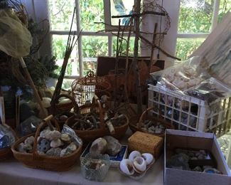 Fossils, Shells, Eggs, Baskets, Feathers, Dried Flowers, Twig Crosses, Art Work, Bird Cage