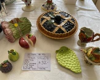 # 46	9 pc. Fruit Grouping	Pie Dish,S&P, C&S, 2 Sm Jars,Trivet	                                                                                  $32
