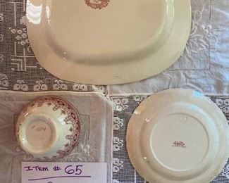 #65	3 Pc. Pink Transferware	Platter (Sm Chip), Sm Plate, Small Bowl	                                                                         $20

