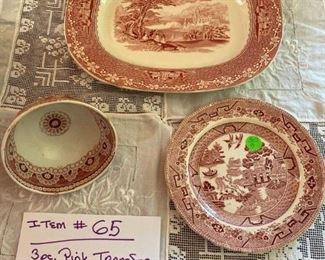 #65	3 Pc. Pink Transferware	Platter (Sm Chip), Sm Plate, Small Bowl	                                                                         $20
