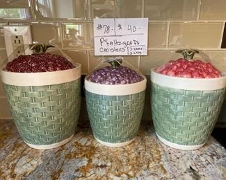 #78	3 Pfaltzgraff Canisters	Basket Weave/fruit on Lids	$40

