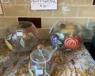 #80		3 Pc. "Romania" Fruit Glass Dishes	2 Bowls 6" & Sugar Bowl w.Lid & Spoon 5 1/2"	                   $30
