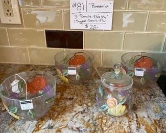 #81		4 Pc. "Romania" Fruit Dishes	3 Bowls & Sugar Bowl w/Lid & Spoon	                                                 $25
