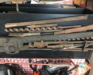 Vintage tools and metal tool box.