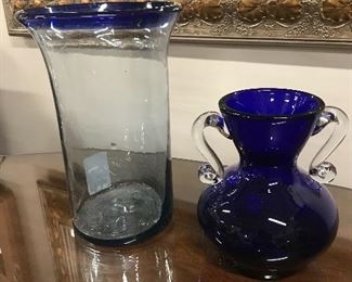 Blues Vases,   Tall glass, blue-rimed vase, 11"H , $10   