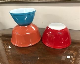 3 vintage Pyrex bowls,  $15 red, $15 orange, $15 blue