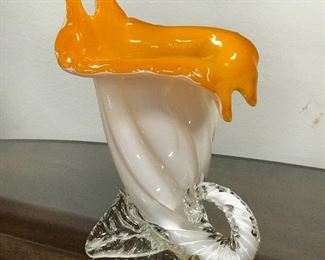 Murano orange and white glass cornucopia, 7.5"H,  $15