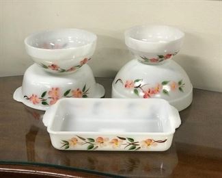 Set of 5, beautiful vintage floral Fire King mixing bowls and ovenware,  $35