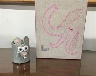 Folk art, hand crafted mouse mug, $6.   "Be curious" elephant wall/shelf decor,  $9